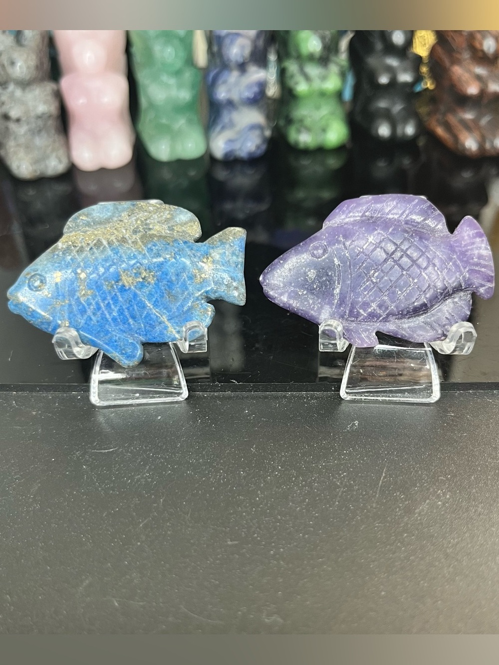 Sodalite and Lepidolite Crystal Fish Carvings